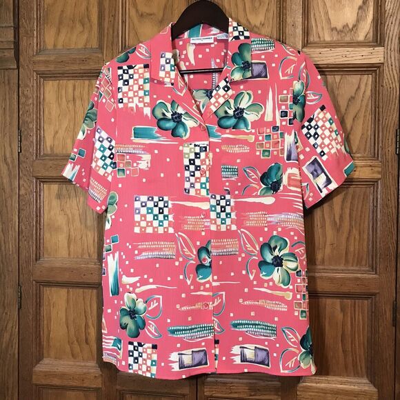 Alfred Dunner Women's 12 Pink Floral Blouse Short Sleeve Button-Up Crepe Top - Picture 1 of 7